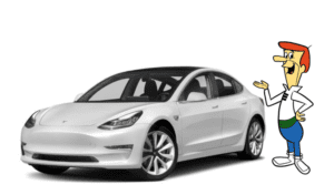 A cartoon man standing next to a white tesla model 3.