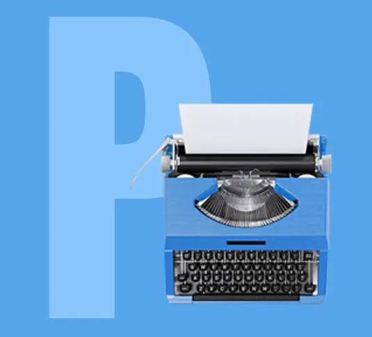 A blue typewriter with the letter p on it.