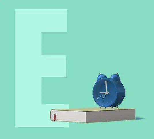 The letter e with an alarm clock on top of a book.