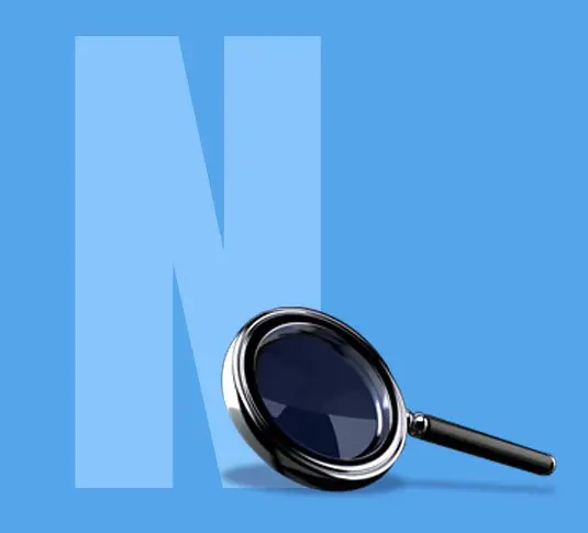 A magnifying glass over the letter n on a blue background.