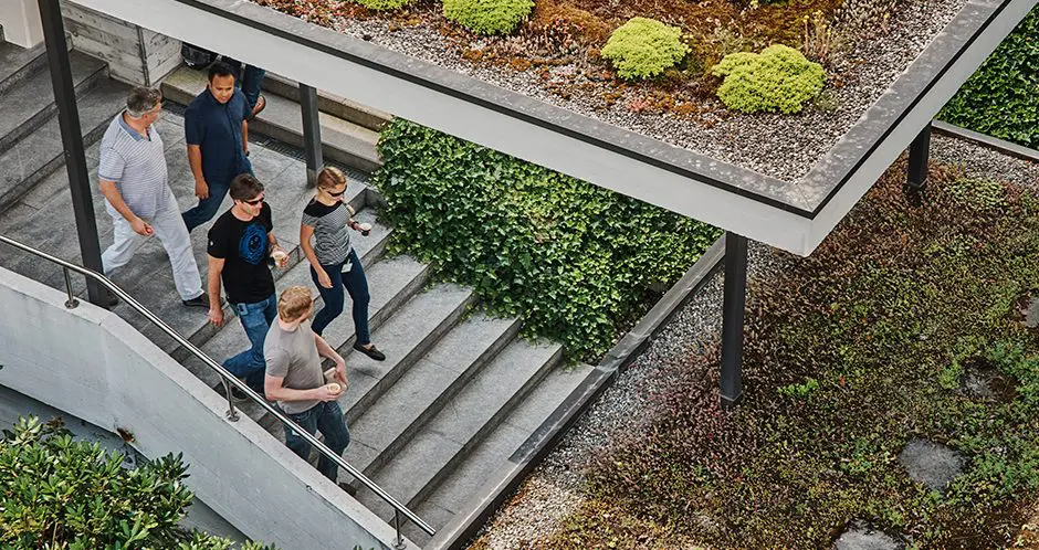 A group of people walking up a set of stairs.